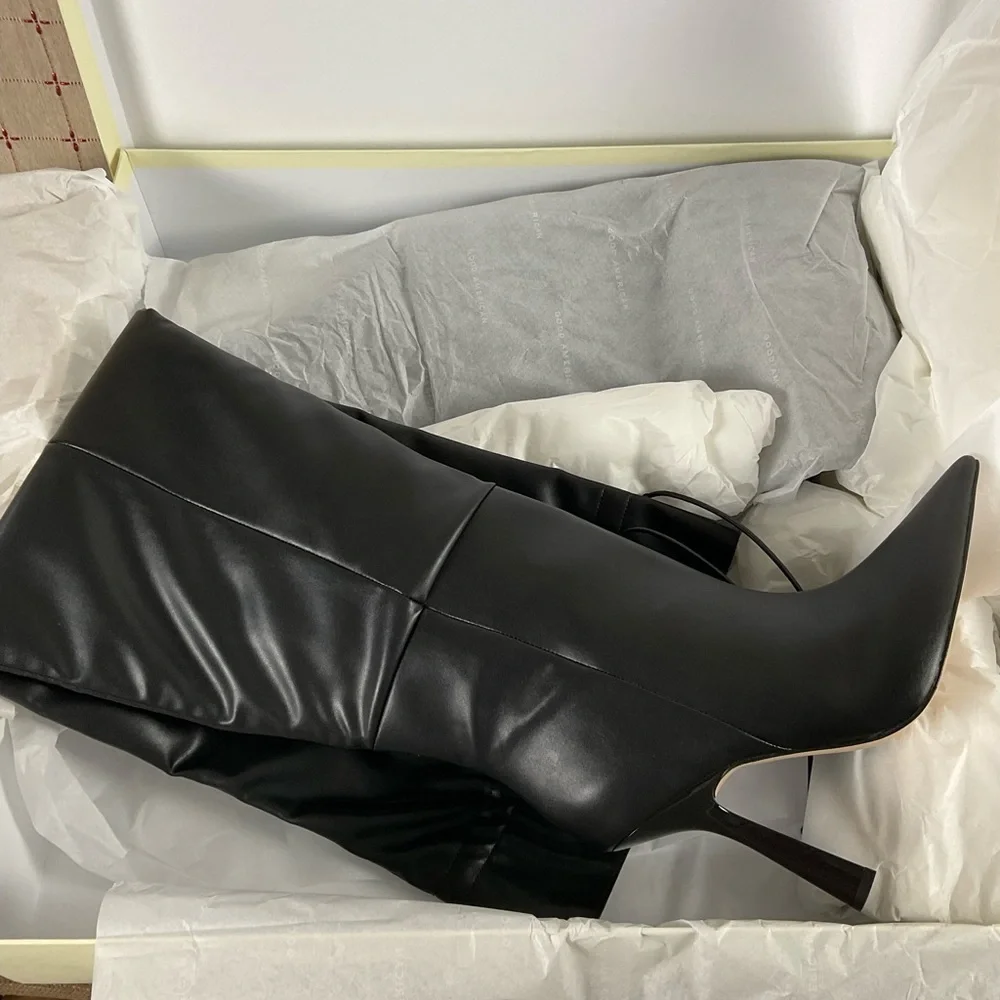 Good American “Carla” Over The Knee Black Boots Ultra High Spool Heel Sz 10